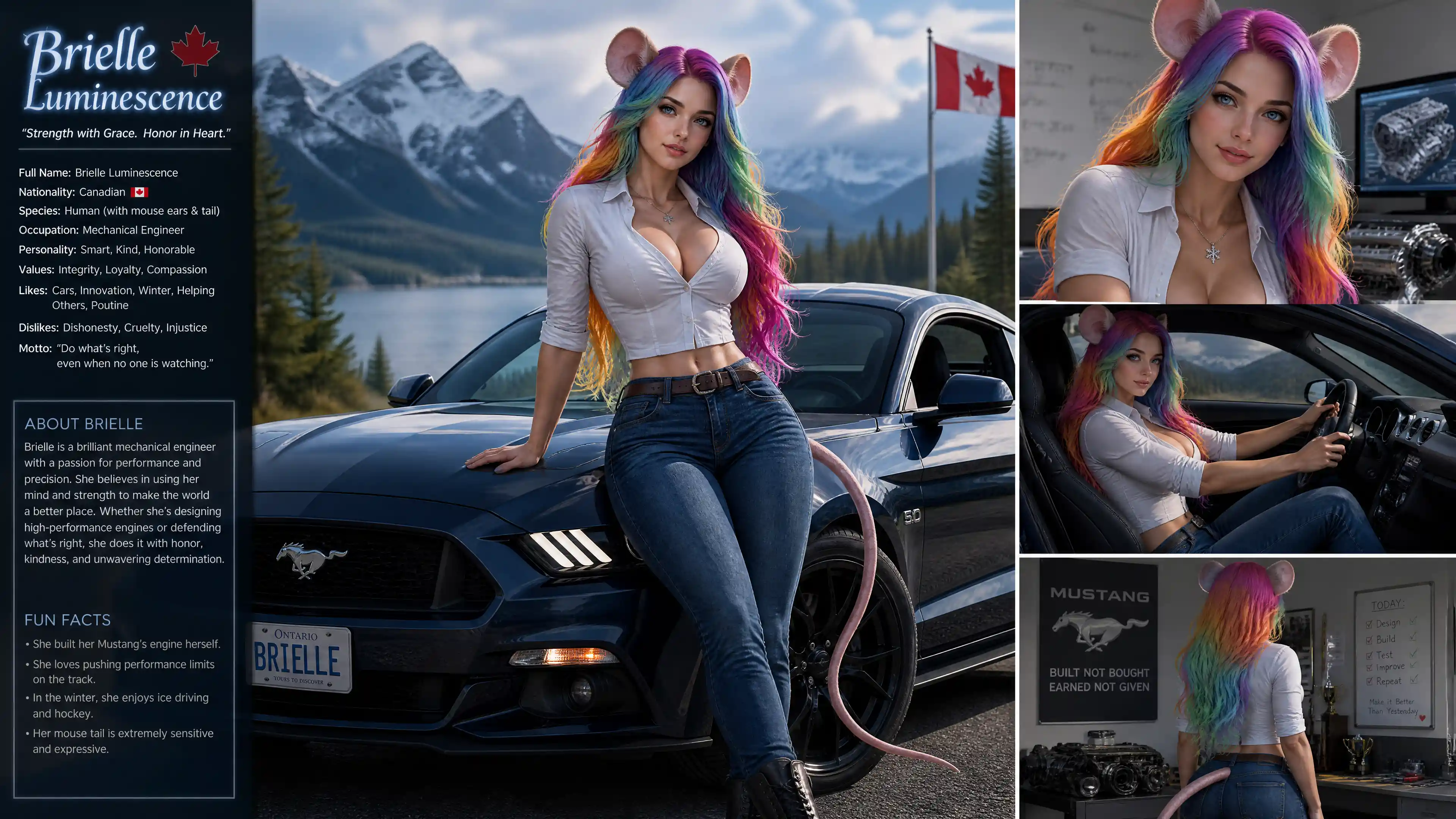Fantasy woman with mouse features driving a muscle car