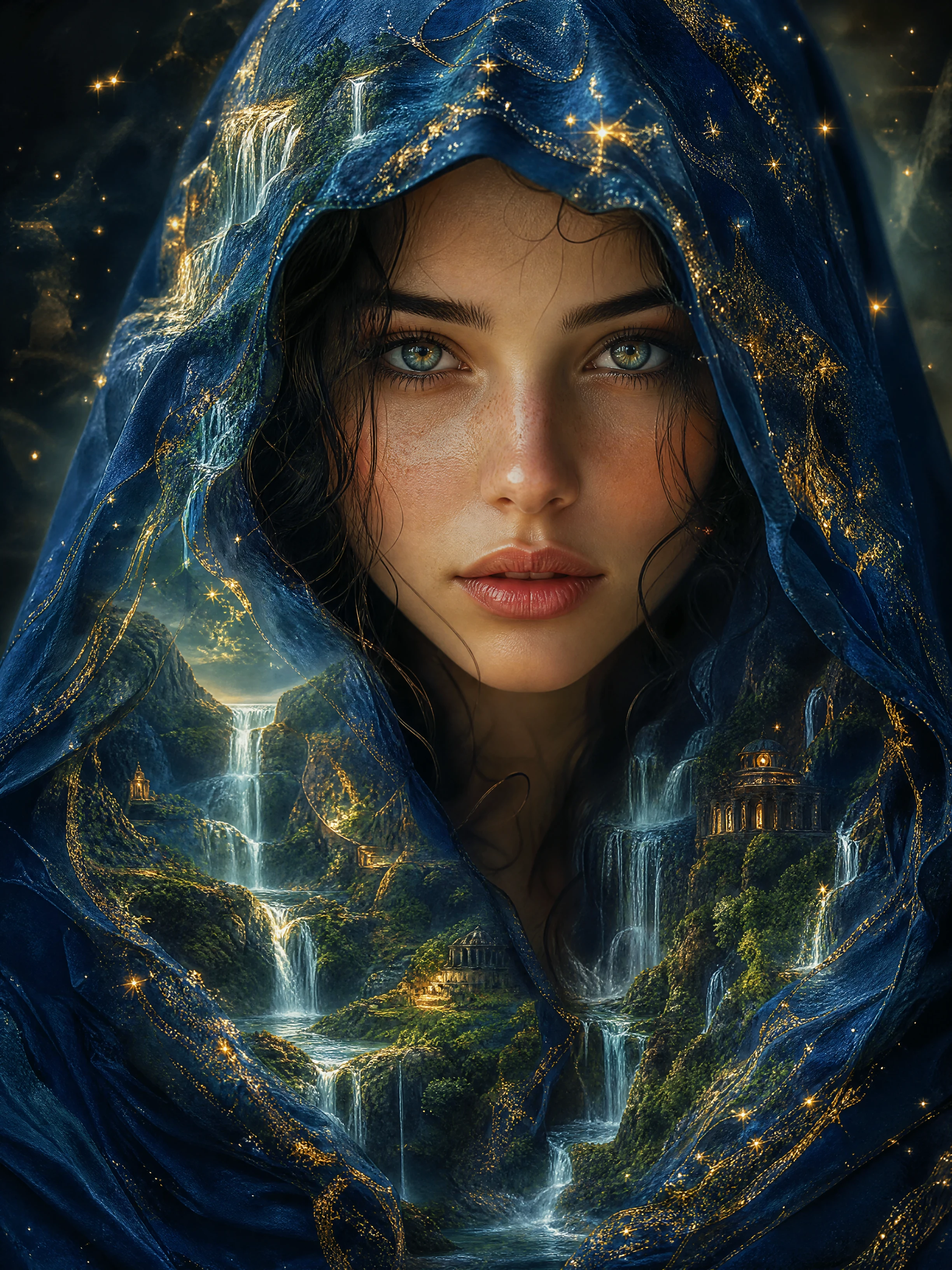 Retrato de mulher mística fundido com paisagem de cachoeira