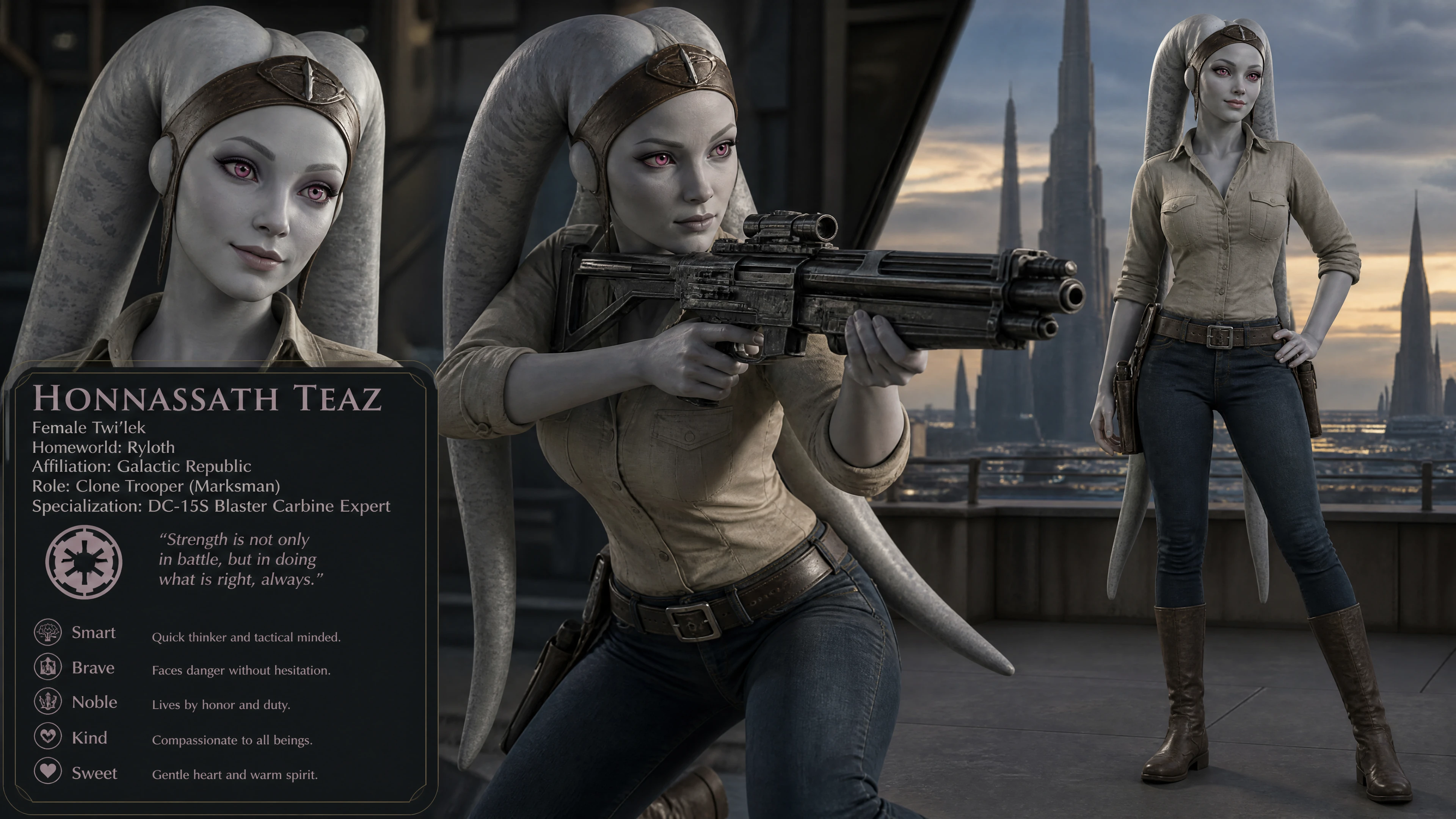 Corajosa guerreira alienígena com carabina blaster