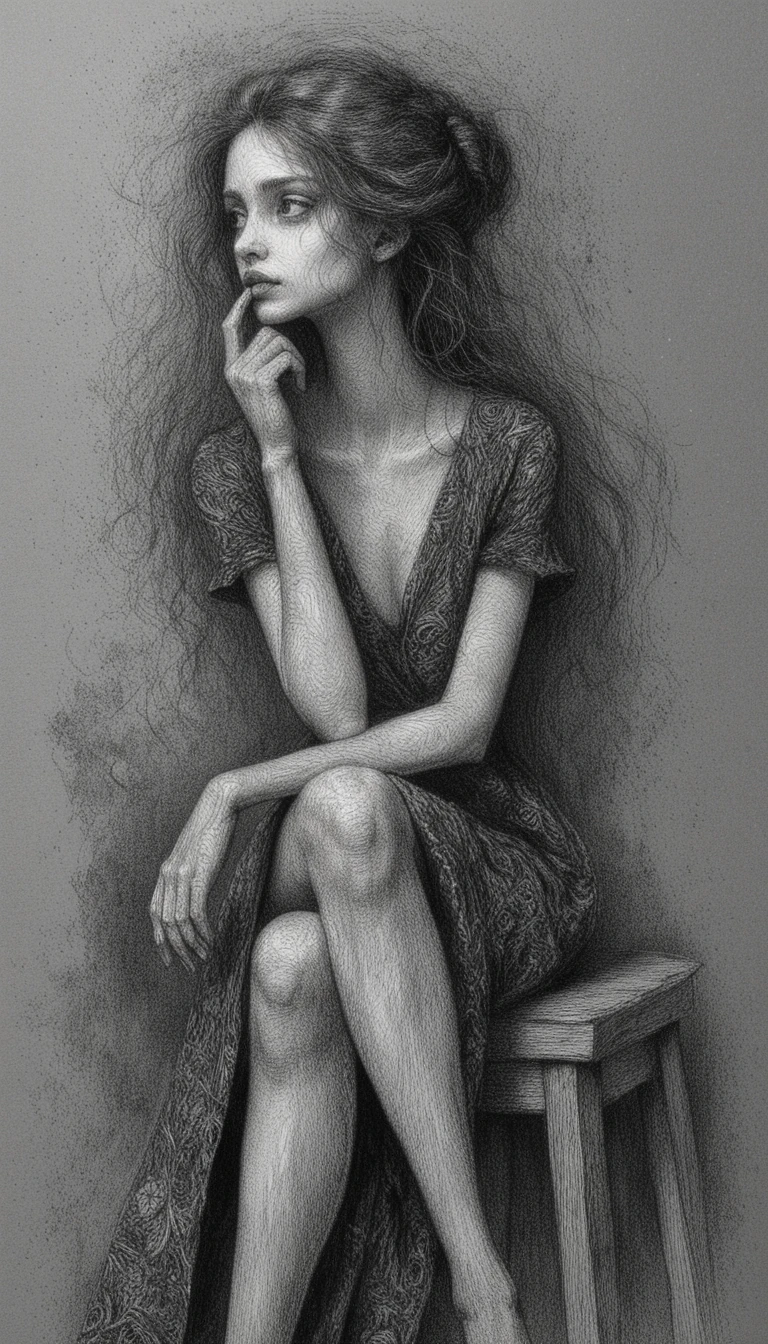 Retrato melancólico a carvão de uma mulher em um banquinho