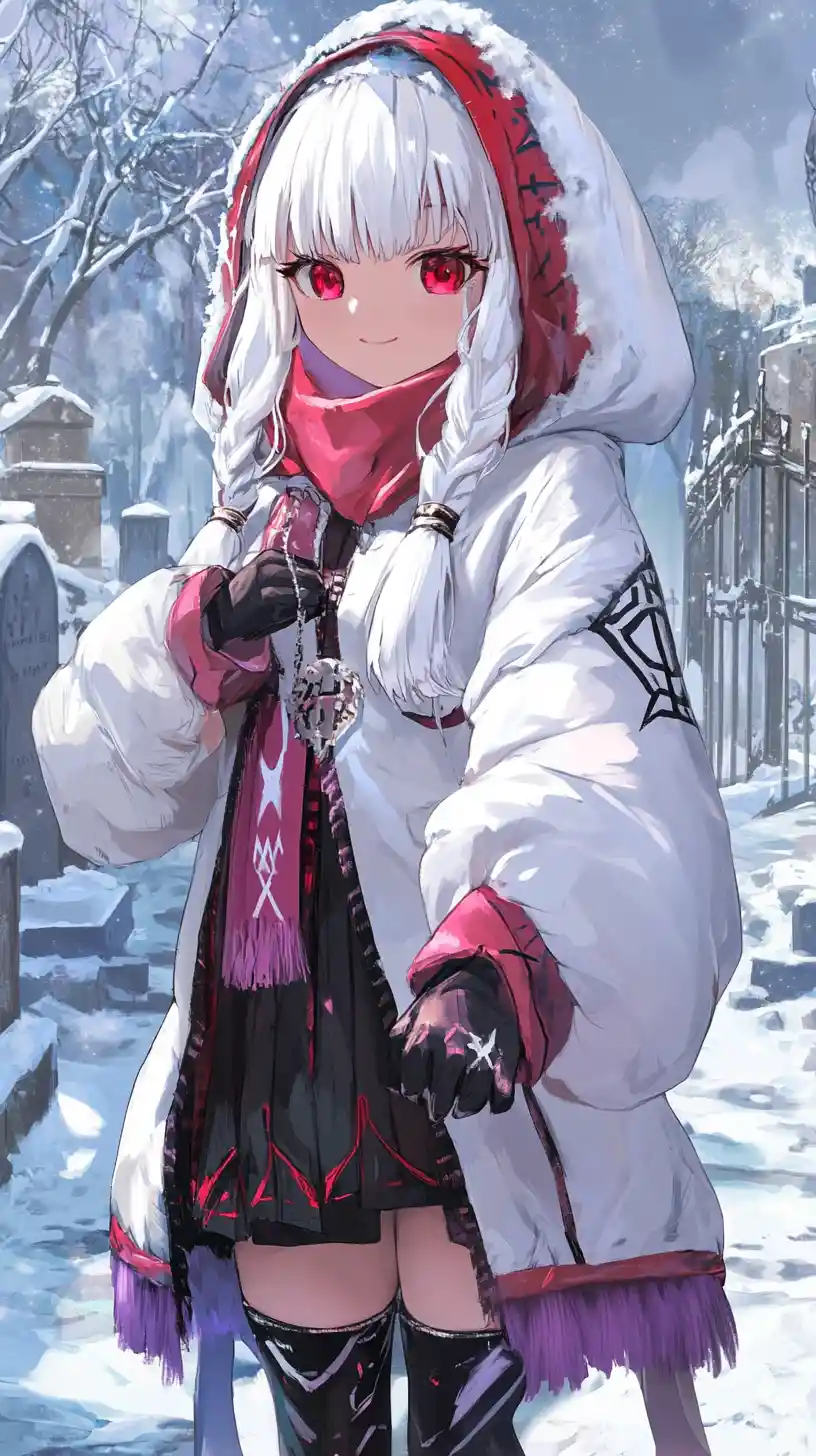 Ragazza anime con cappotto invernale bianco che cammina in un villaggio innevato