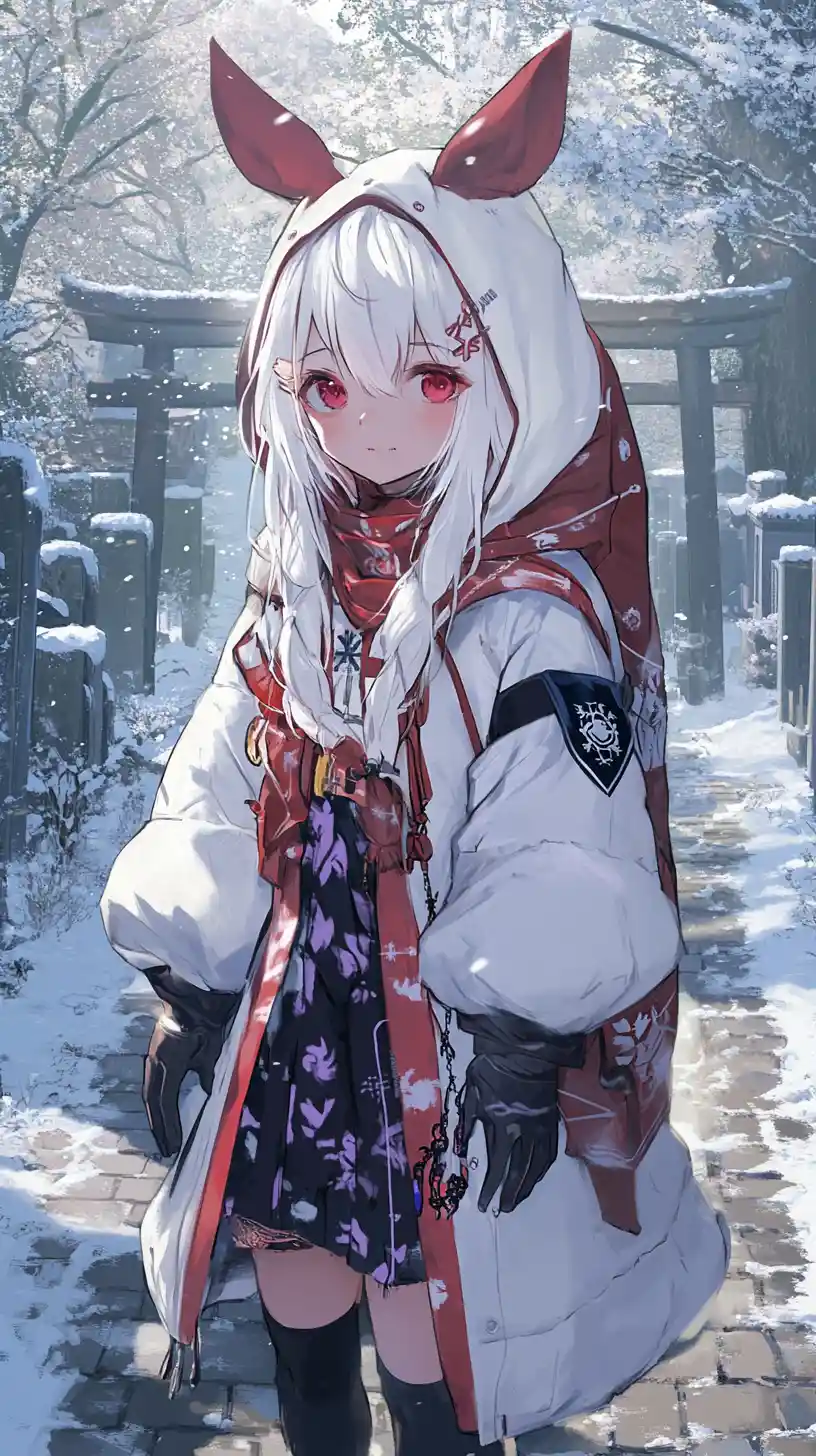 Anime girl in a long white coat walking through snowy village