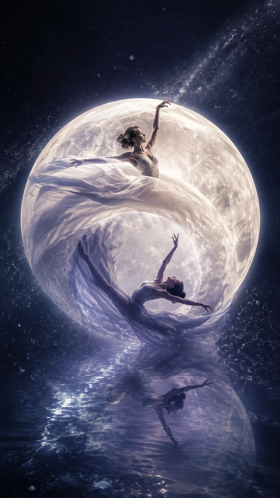 Two dancers mirrored against a glowing full moon