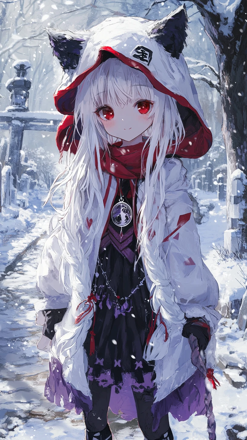 穿著長白大衣的動漫少女走在雪中村莊