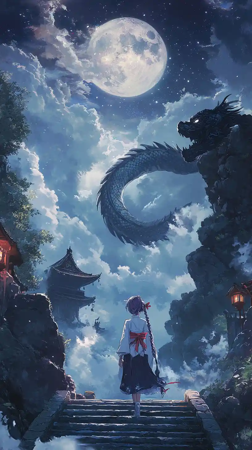 Anime girl on stone stairs under a dragonlit night sky