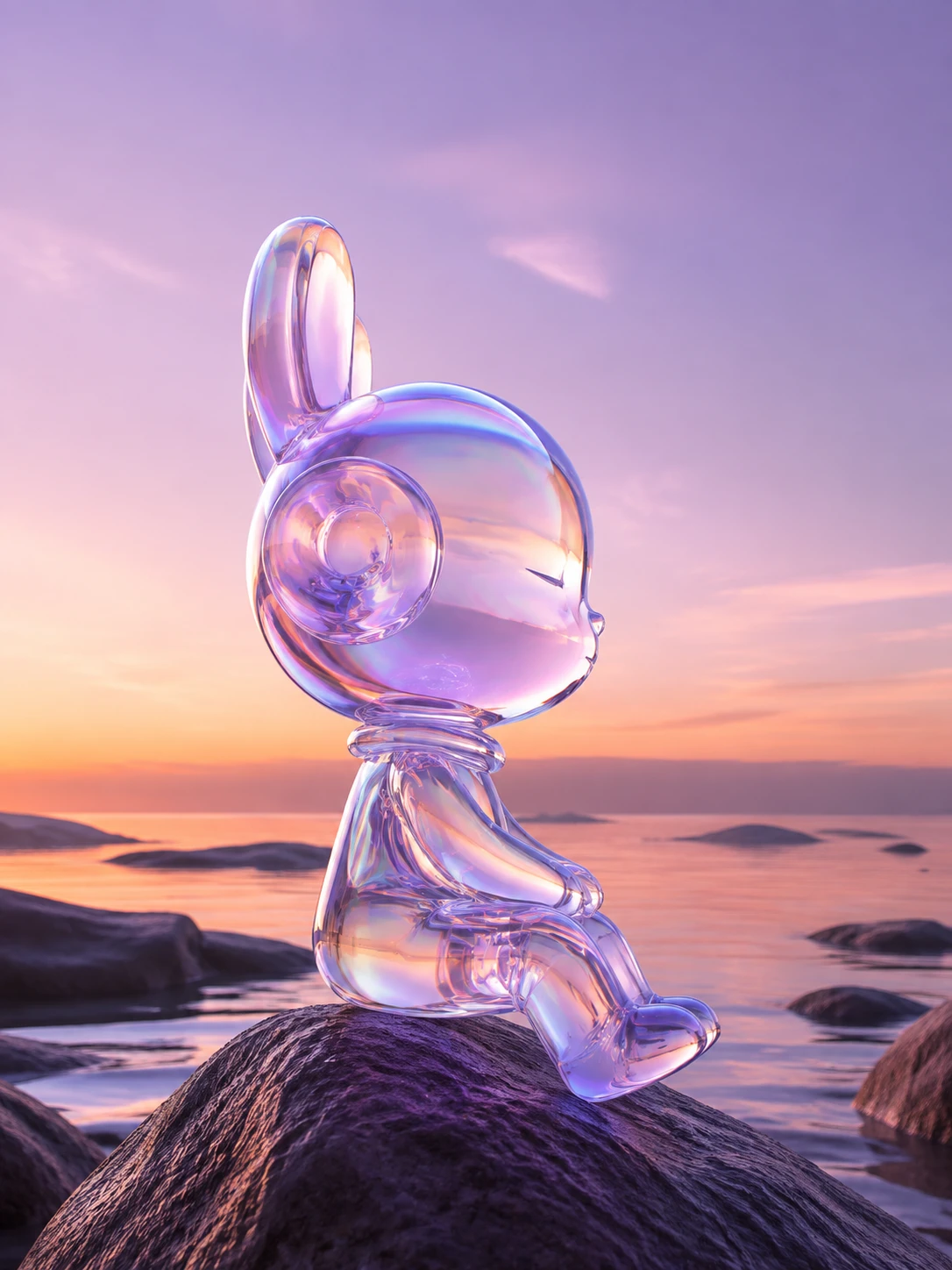 고요한 해변 바위 위에 쉬고 있는 크리스탈 3D 캐릭터