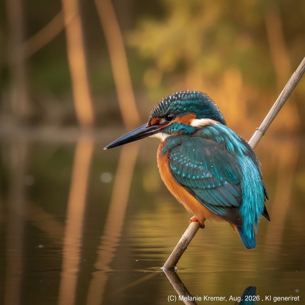 Kingfisher On Reed At Forest Pond In Golden Hour Light