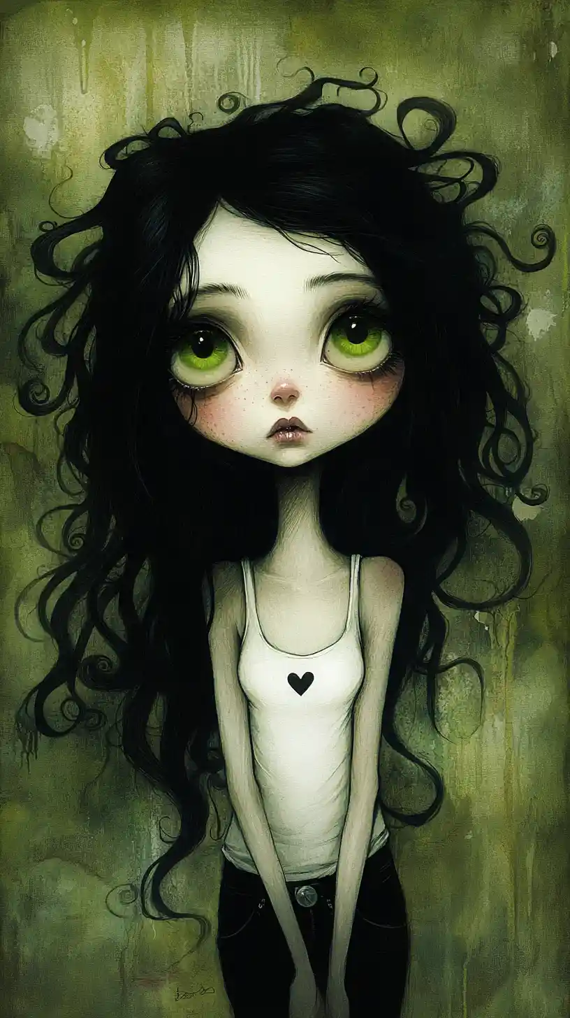 Gothic full body portrait of a pale woman with wild hair