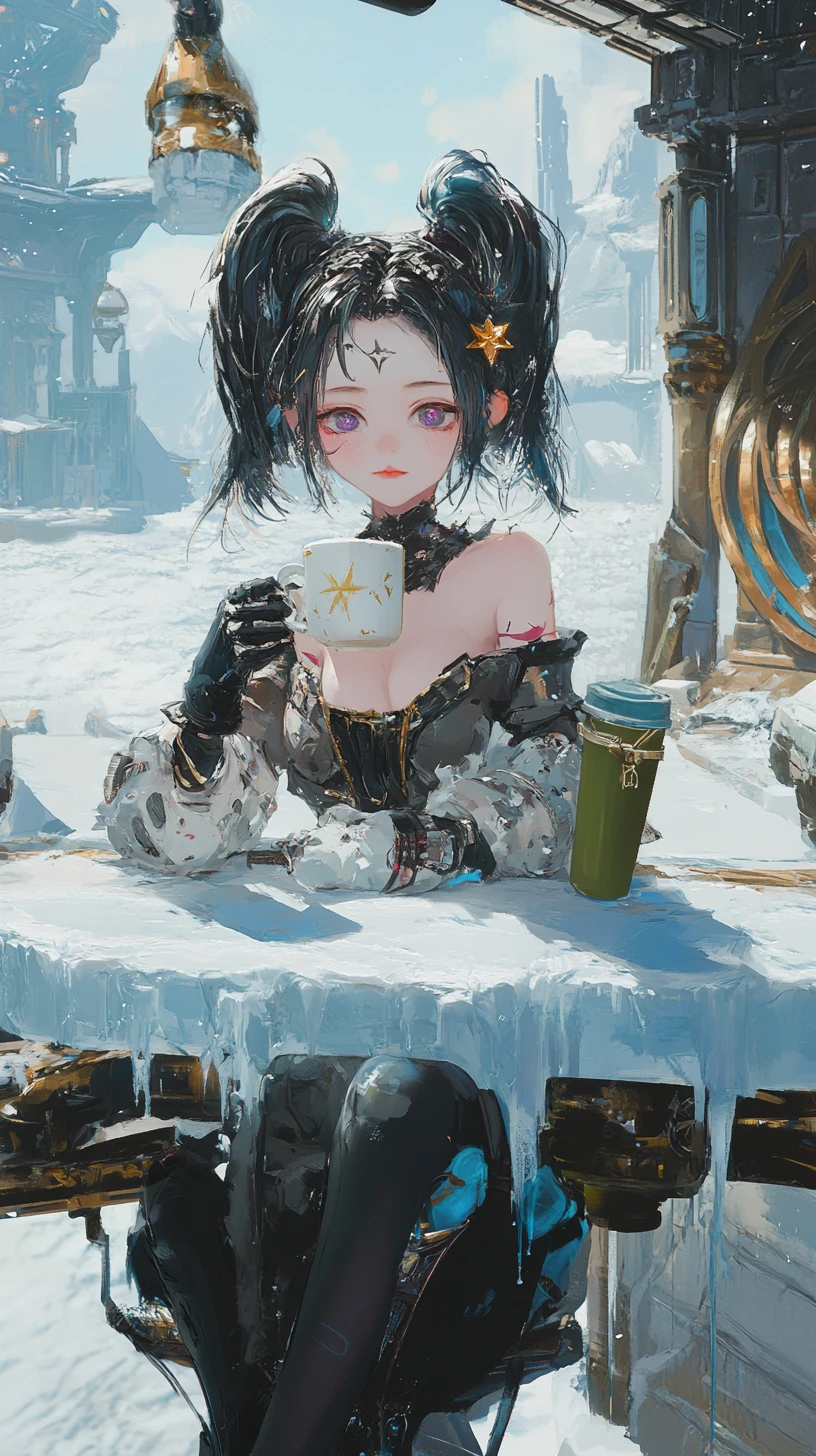 氷の黄金の邸宅のテーブルを狙うスナイパースコープの中の少女