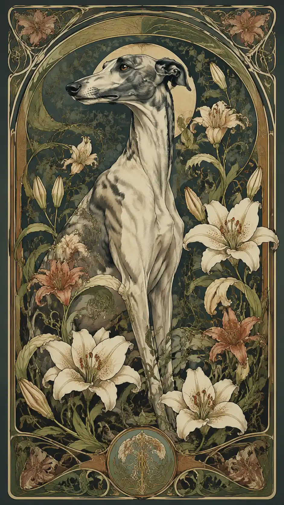 Galgo elegante com lírios em ilustração art nouveau