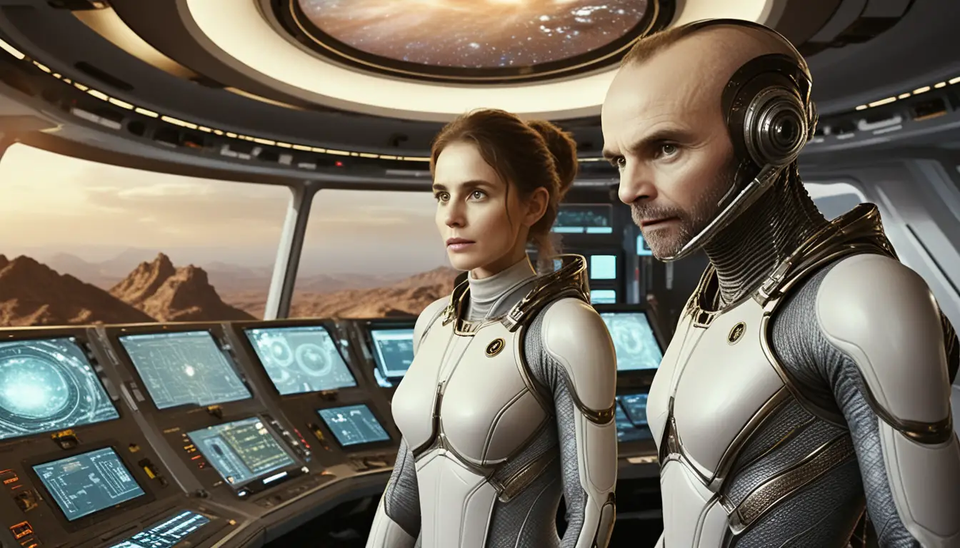 Man confronting alien on futuristic starship bridge