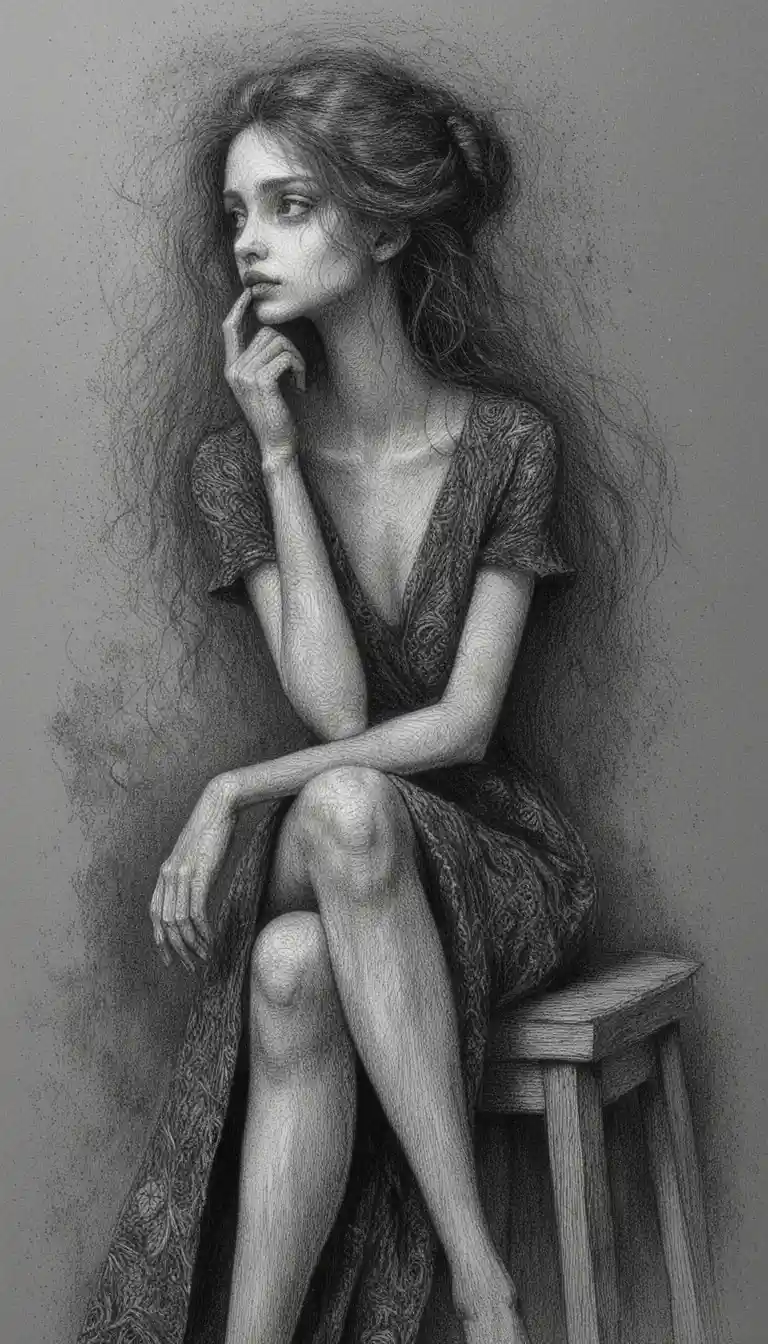 Retrato melancólico a carvão de uma mulher em um banquinho