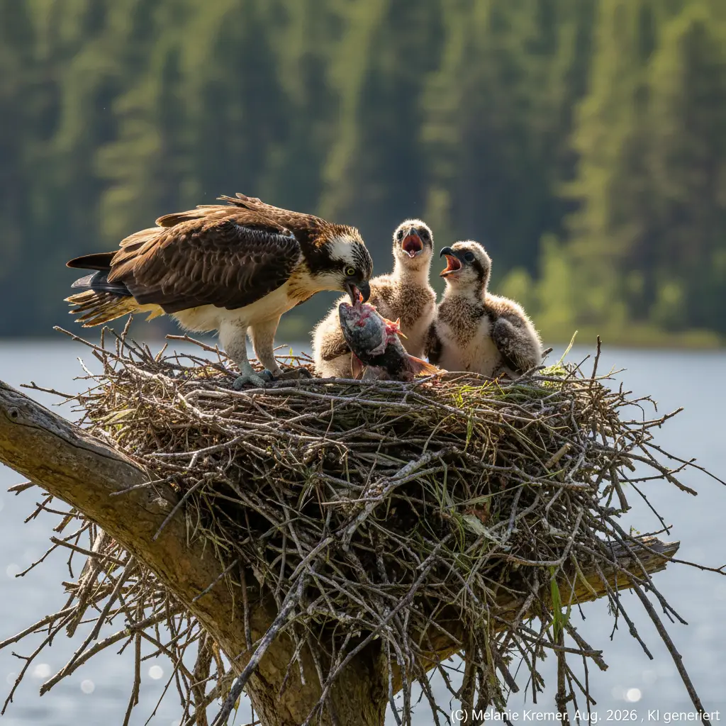 Osprey mother feeding older chicks in a high nest at daylight