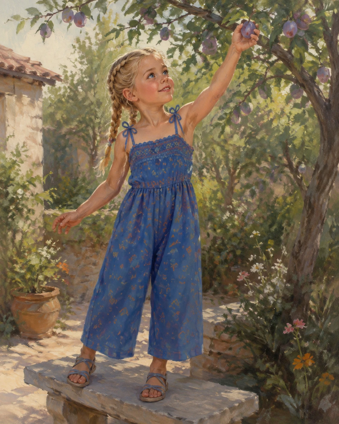 Girl in blue jumpsuit reaching for a plum in garden