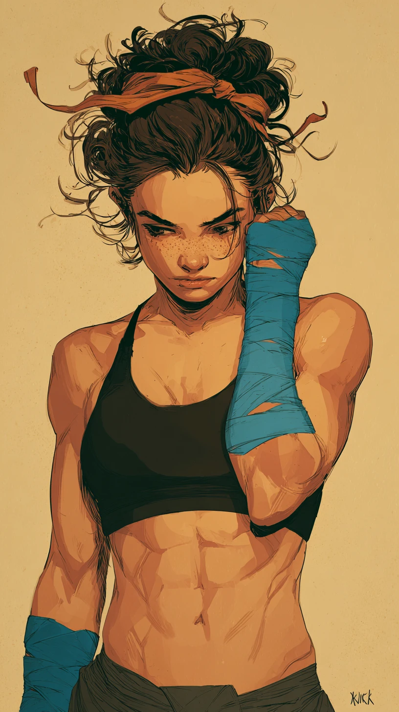 Ilustração de mulher atlética boxeando em tinta e aquarela