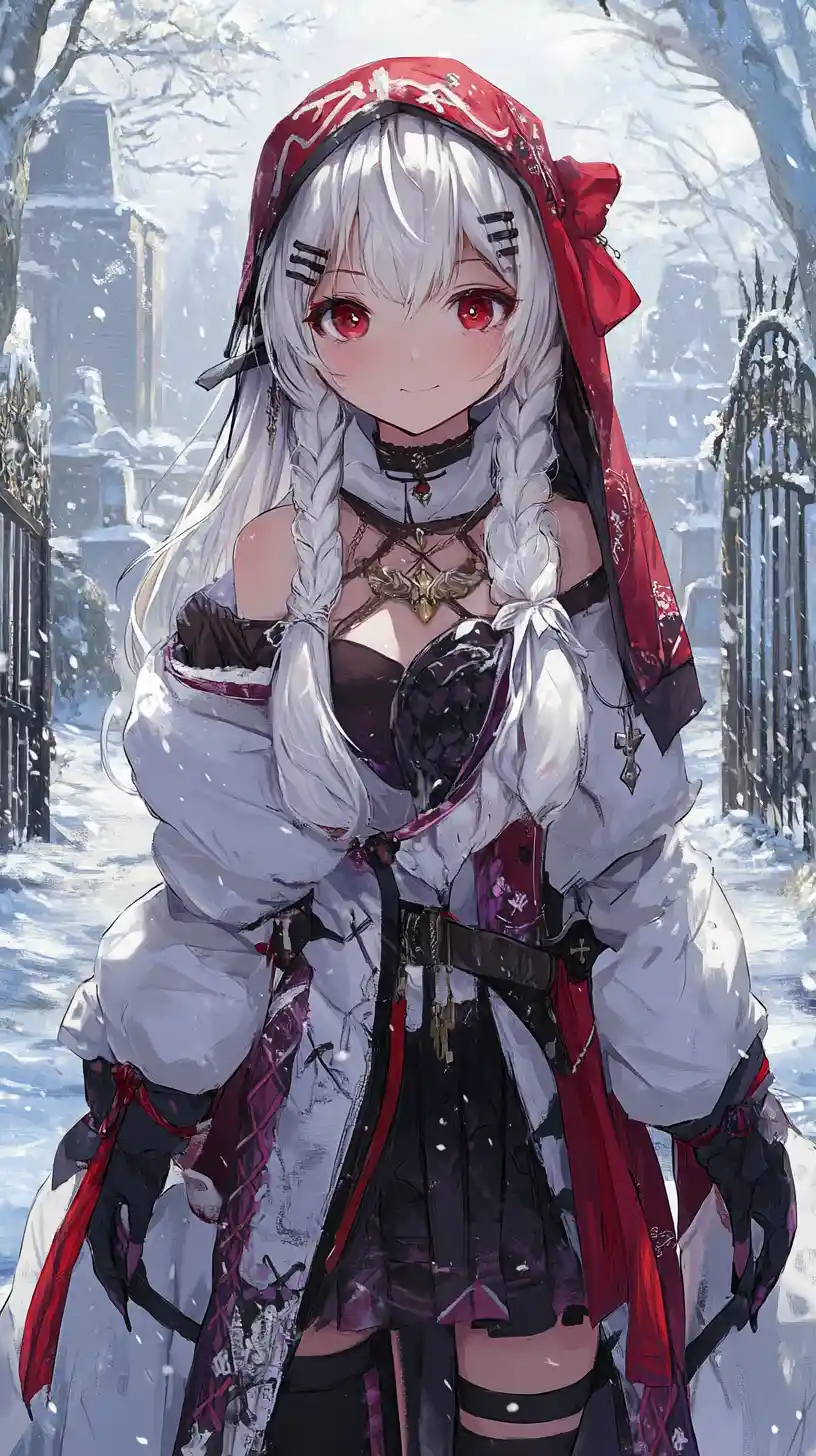 Ragazza anime con cappotto bianco che cammina in un villaggio innevato