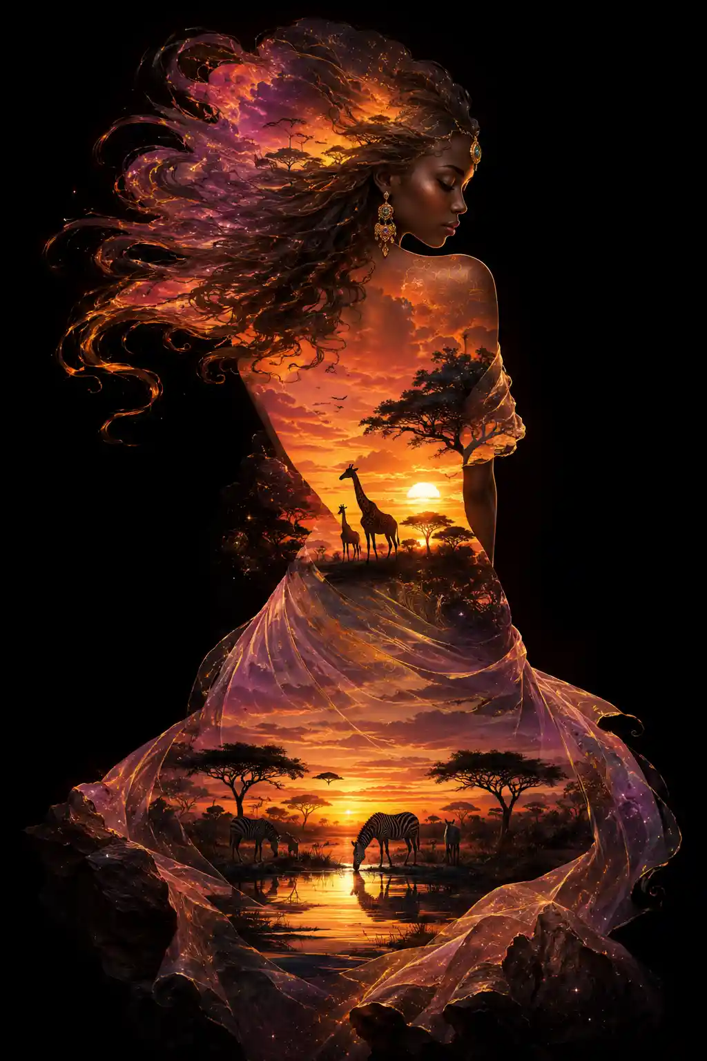 Mystical Woman Merging With Serengeti Sunset Silhouettes