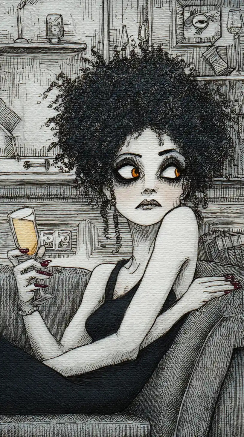 Mulher relaxada com cabelo afro em um sofá escuro
