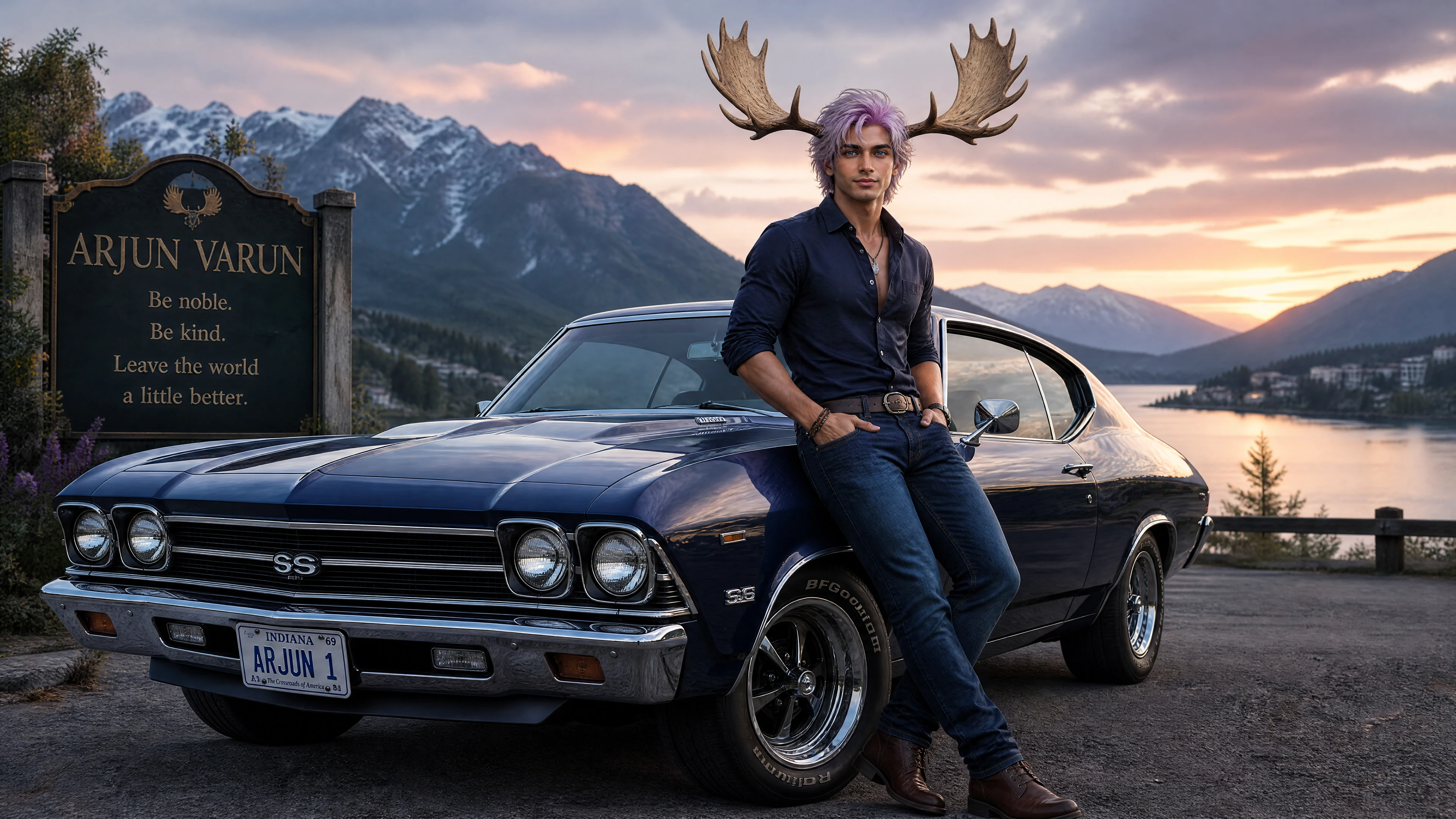 Homme indien avec des bois d’orignal conduisant une muscle car