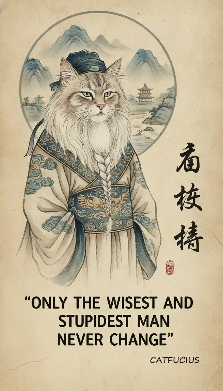 Chat mème sage déguisé en philosophe chinois ancien