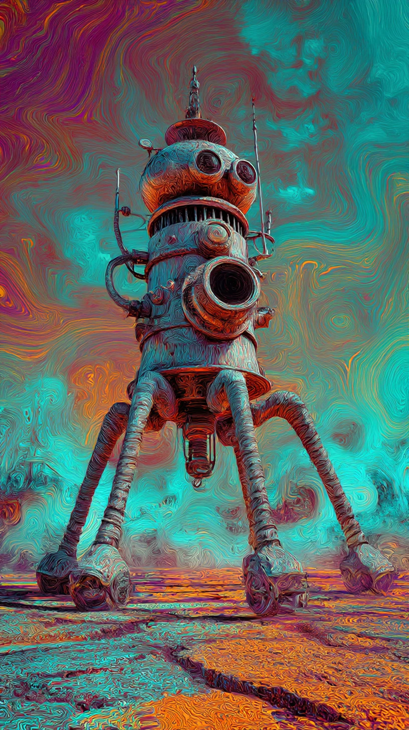 Batalla surrealista entre el hombre y la máquina en un espacio abstracto