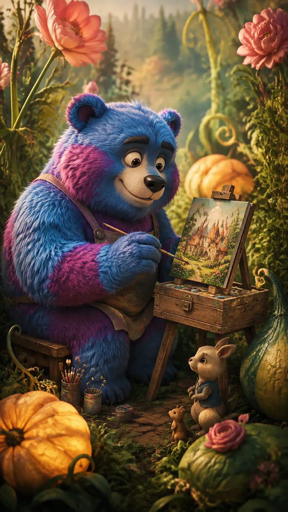 Friendly monster painting a tiny village in a garden