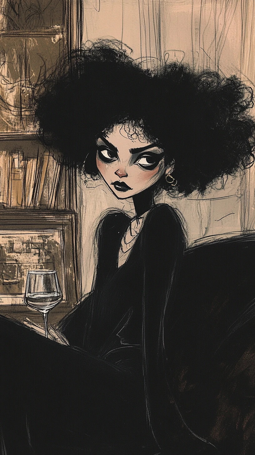 Mulher negra relaxada no sofá em ilustração sombria a tinta