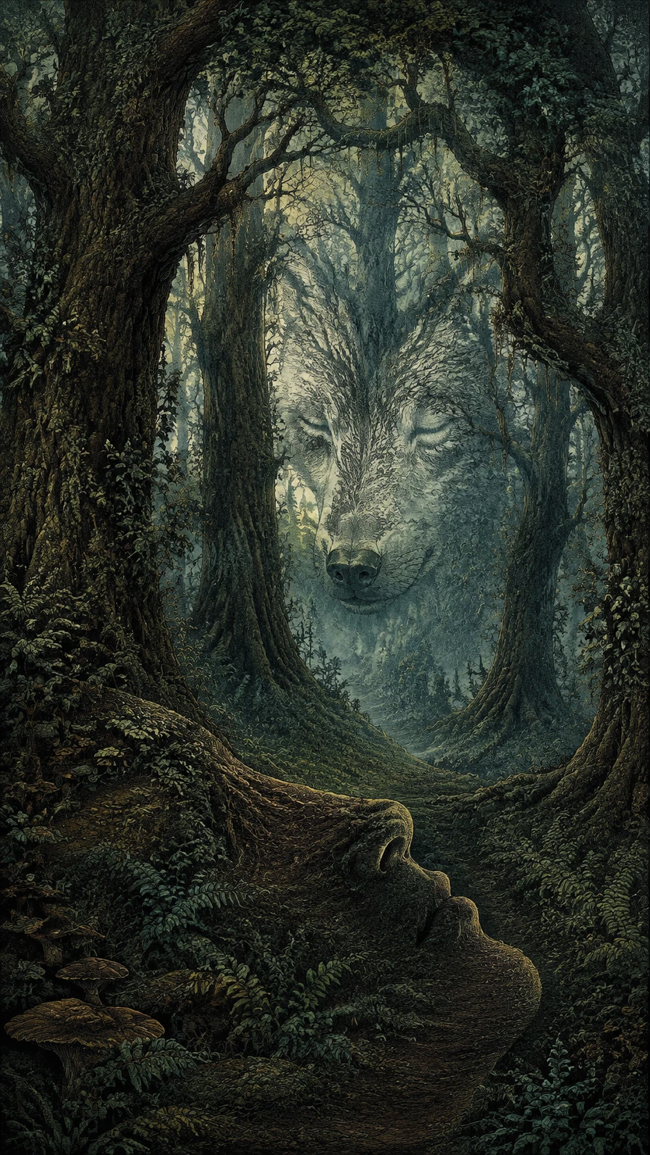Ancient Forest Forming The Illusory Face Of A Sleeping Wolf