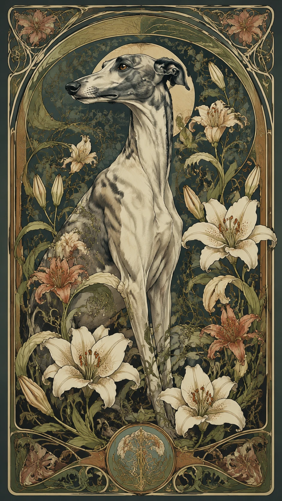 Galgo elegante com lírios em ilustração art nouveau