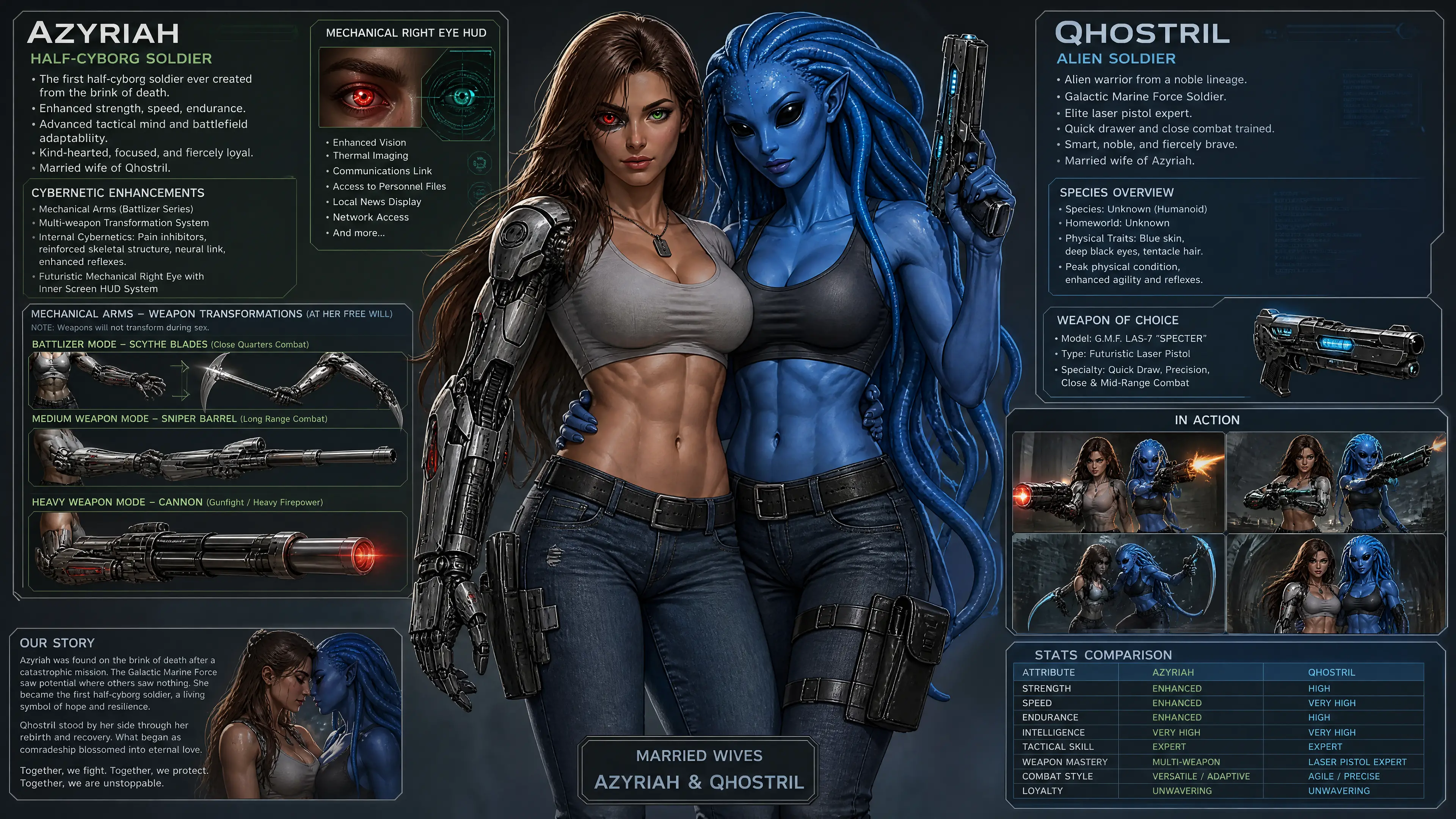 Cyborg woman with mechanical arms and heterochromia eyes