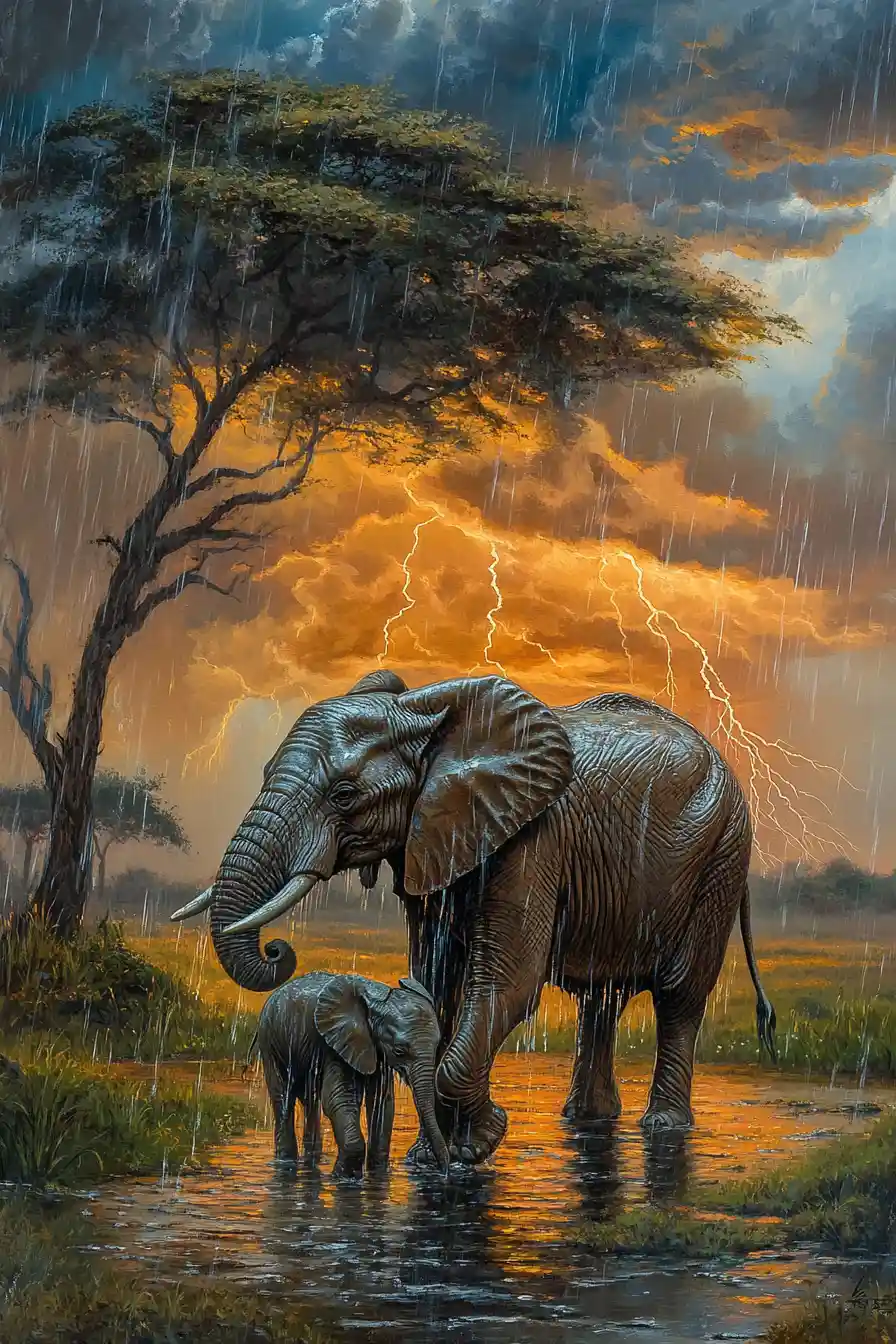 Elephant And Calf Standing In Rainy Stormy Savanna