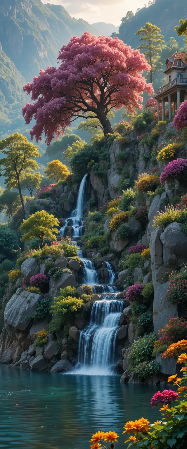 層疊湖畔花園，綻放粉色花樹與水瀑景緻