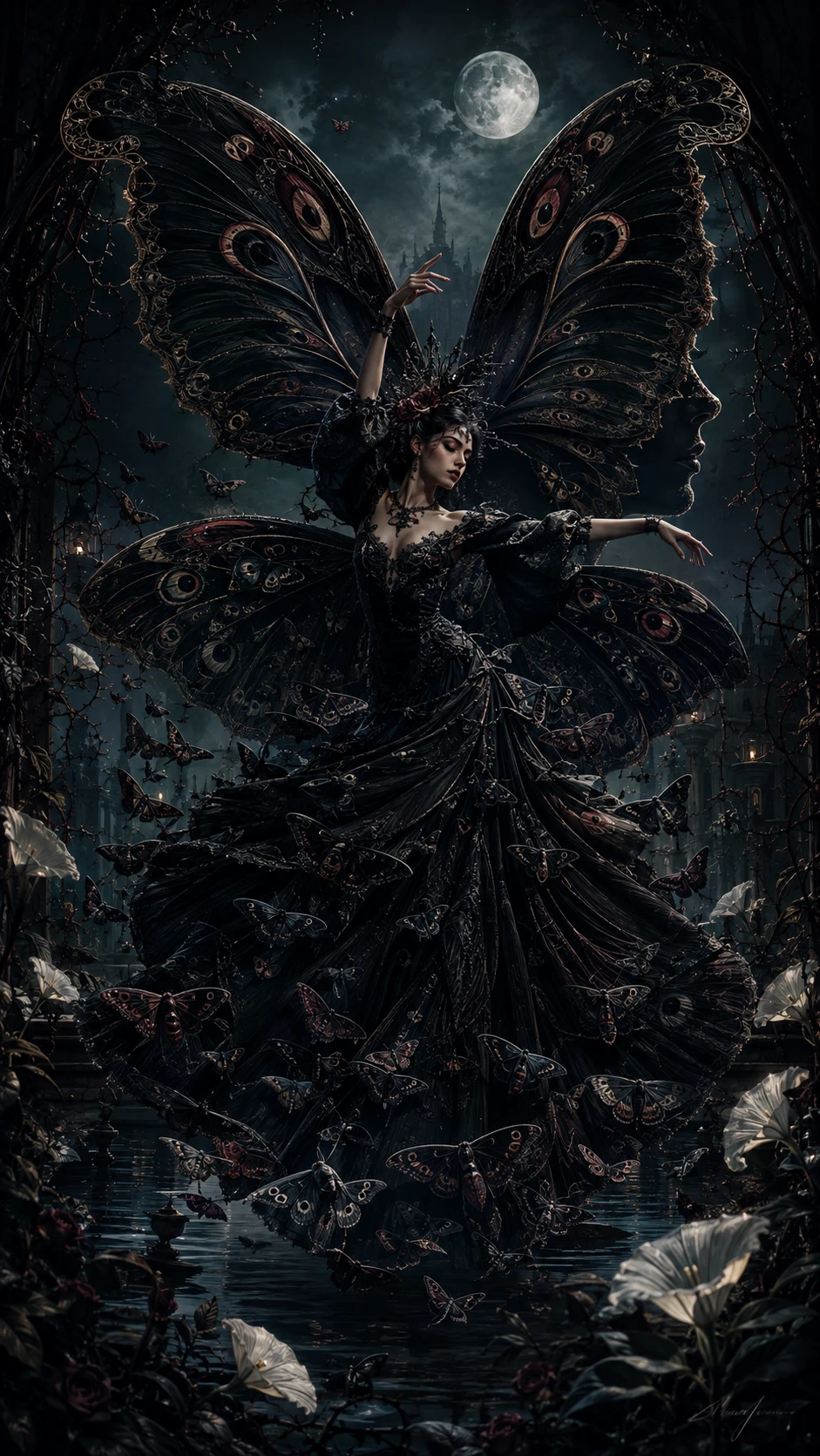 Dancer With Moth Wings In A Moonlit Gothic Garden