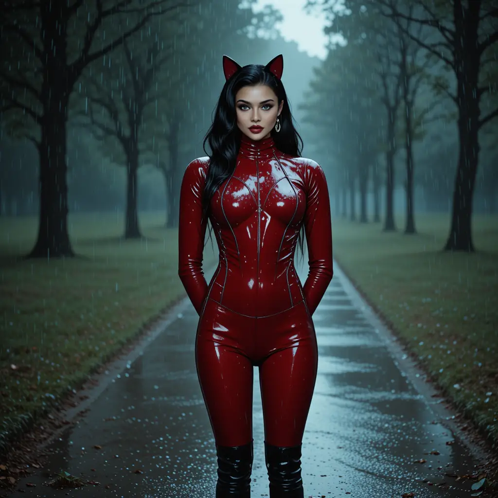 Donna in catsuit di latex rosso su sentiero di parco sotto la pioggia