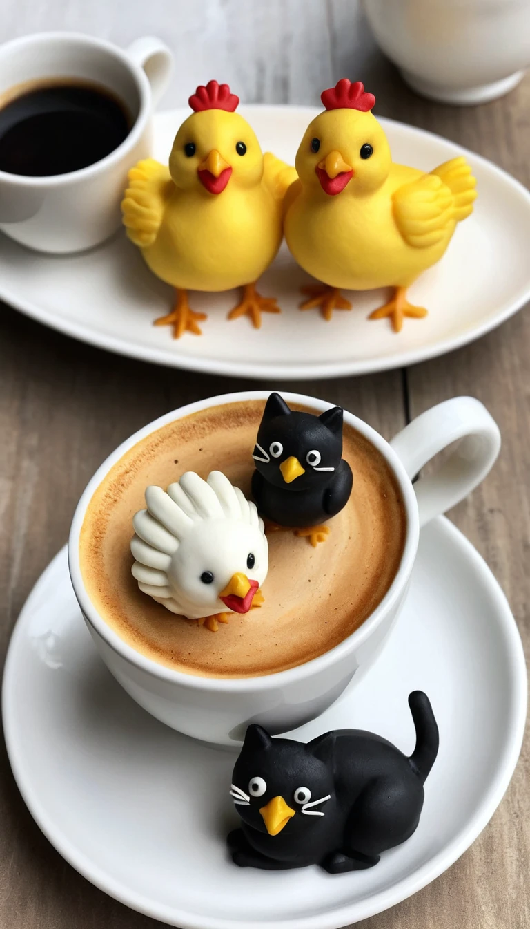Gato preto perto de café e bolinhos em forma de galinha no pires