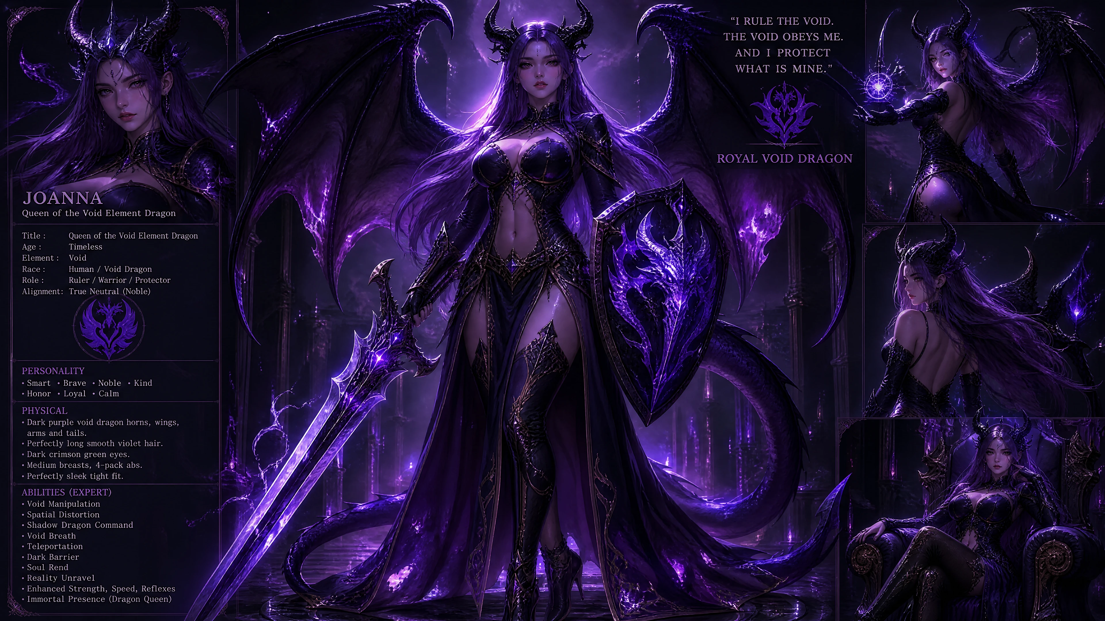 Void dragon queen with violet hair and royal armor