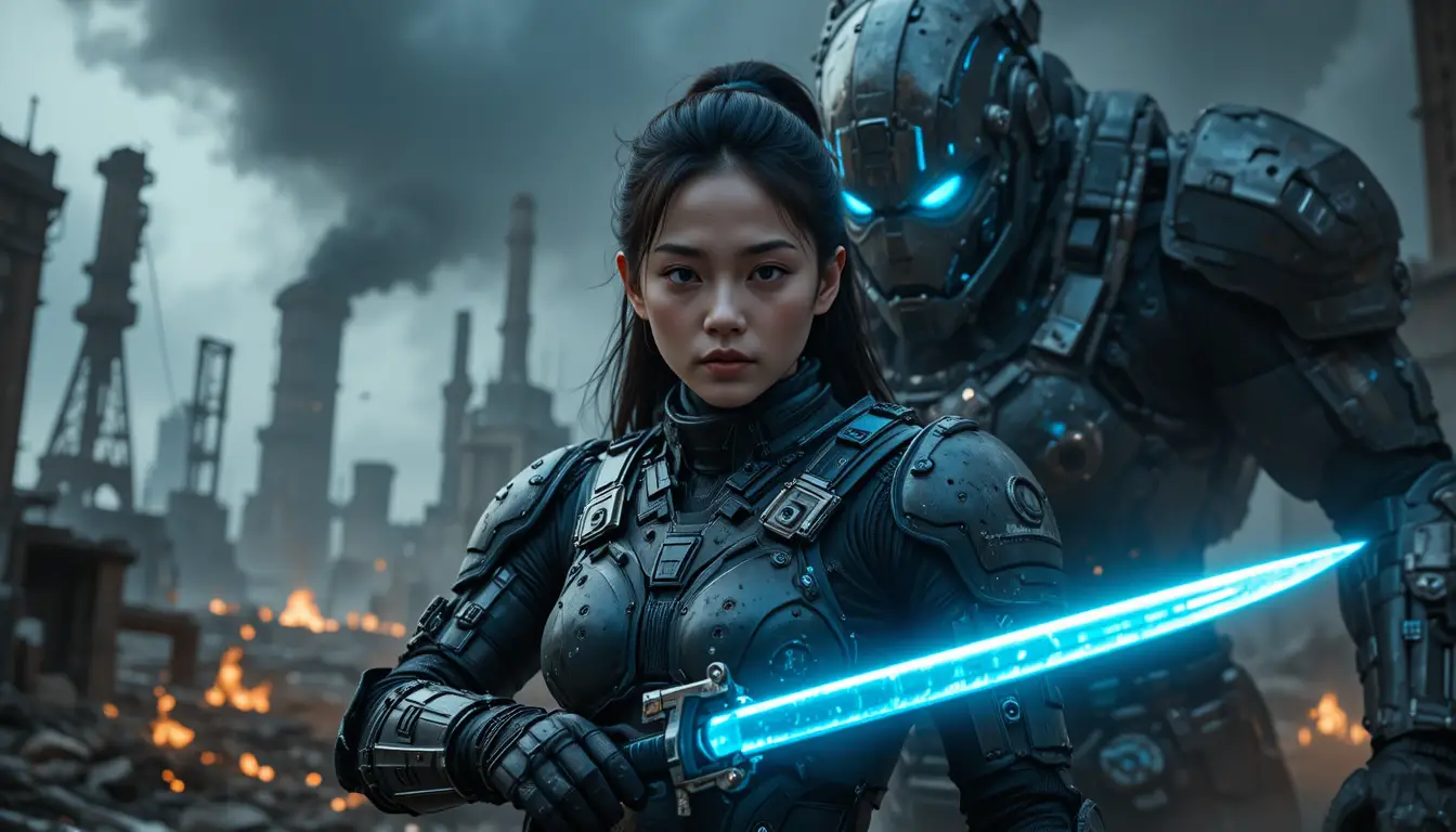 Armored sci fi warrior woman before a towering cyborg titan
