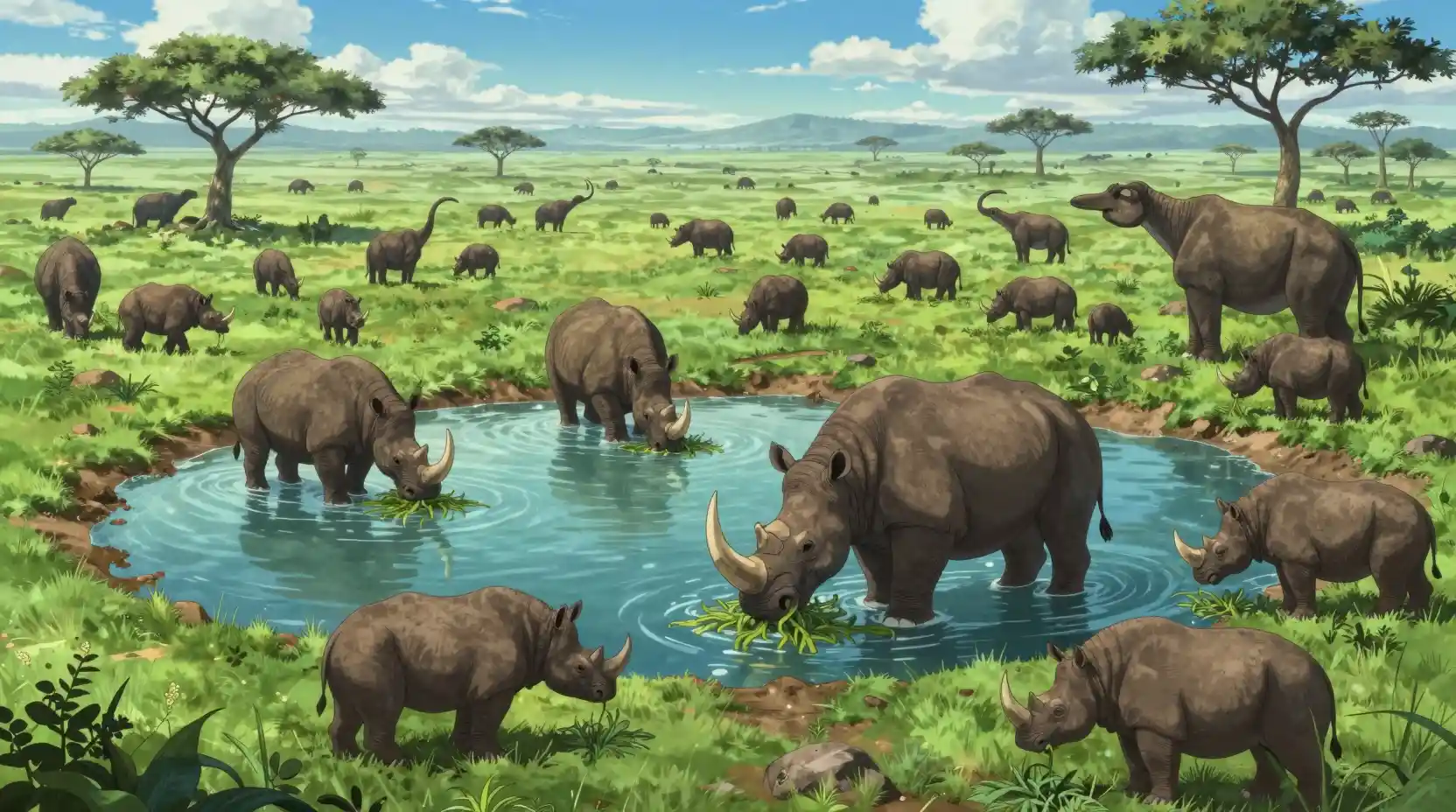 先史時代の獣たちが集う広大な緑のサバンナの水場