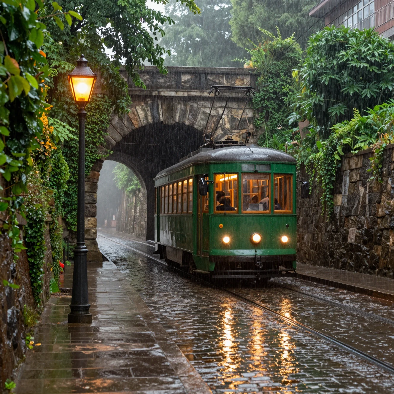 Tramway vert vintage sortant d’un tunnel de pierre pluvieux la nuit