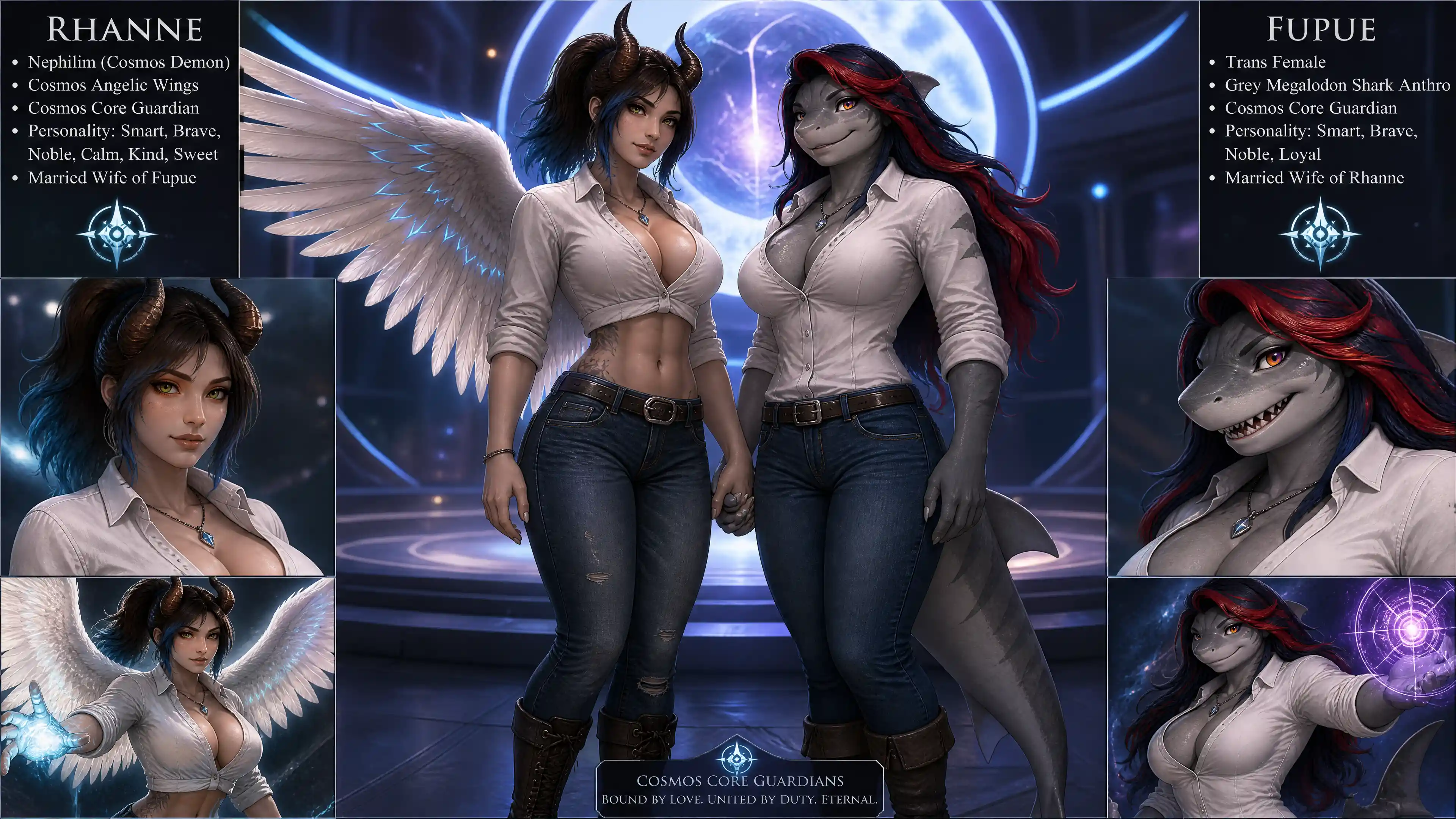 Guardiã cósmica com chifres, asas angelicais e jeans