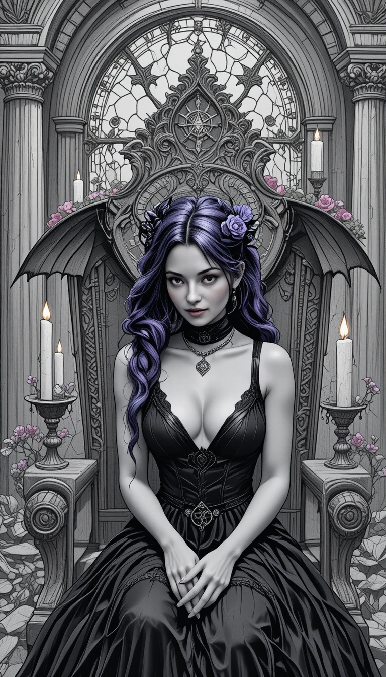 Purple haired vampire woman on a throne by candlelight