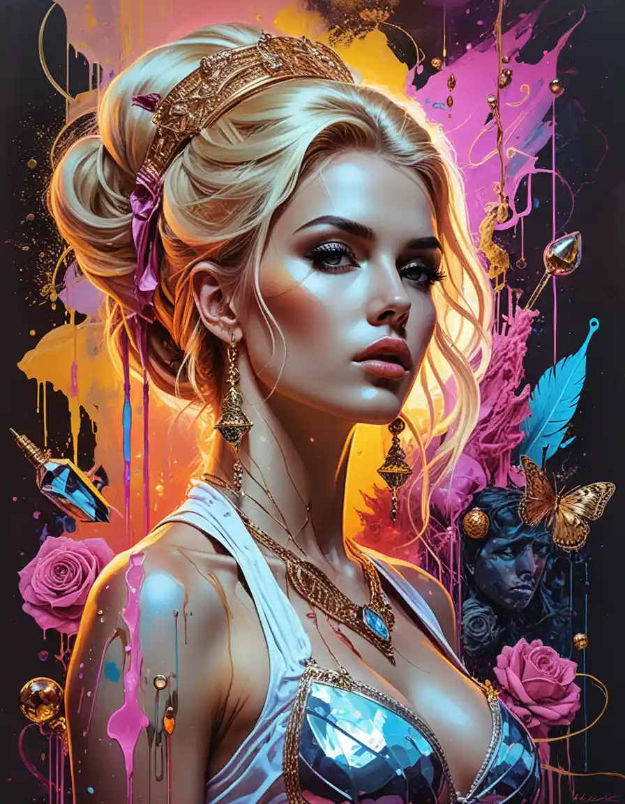 Gebräunte blonde Fantasiefrau in neonheller okkulter Opulenz