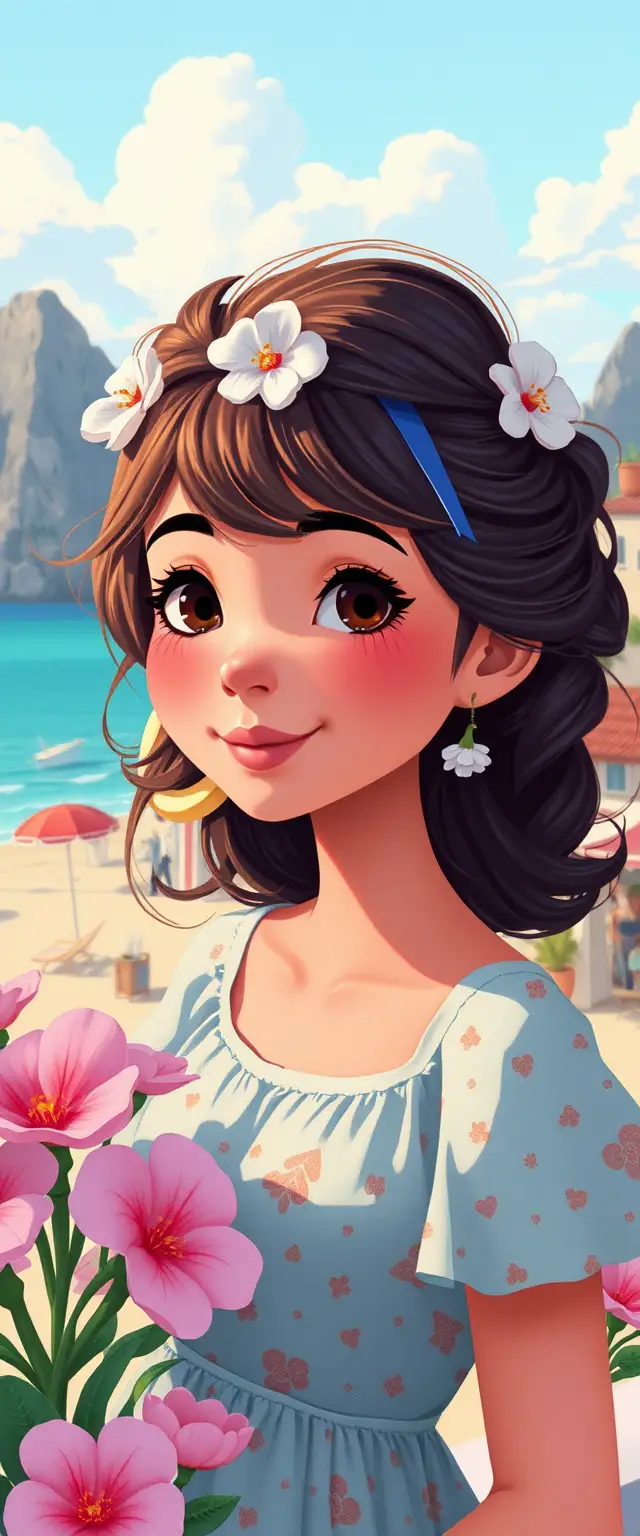 Whimsical pastel seaside village in a dreamy 3D style