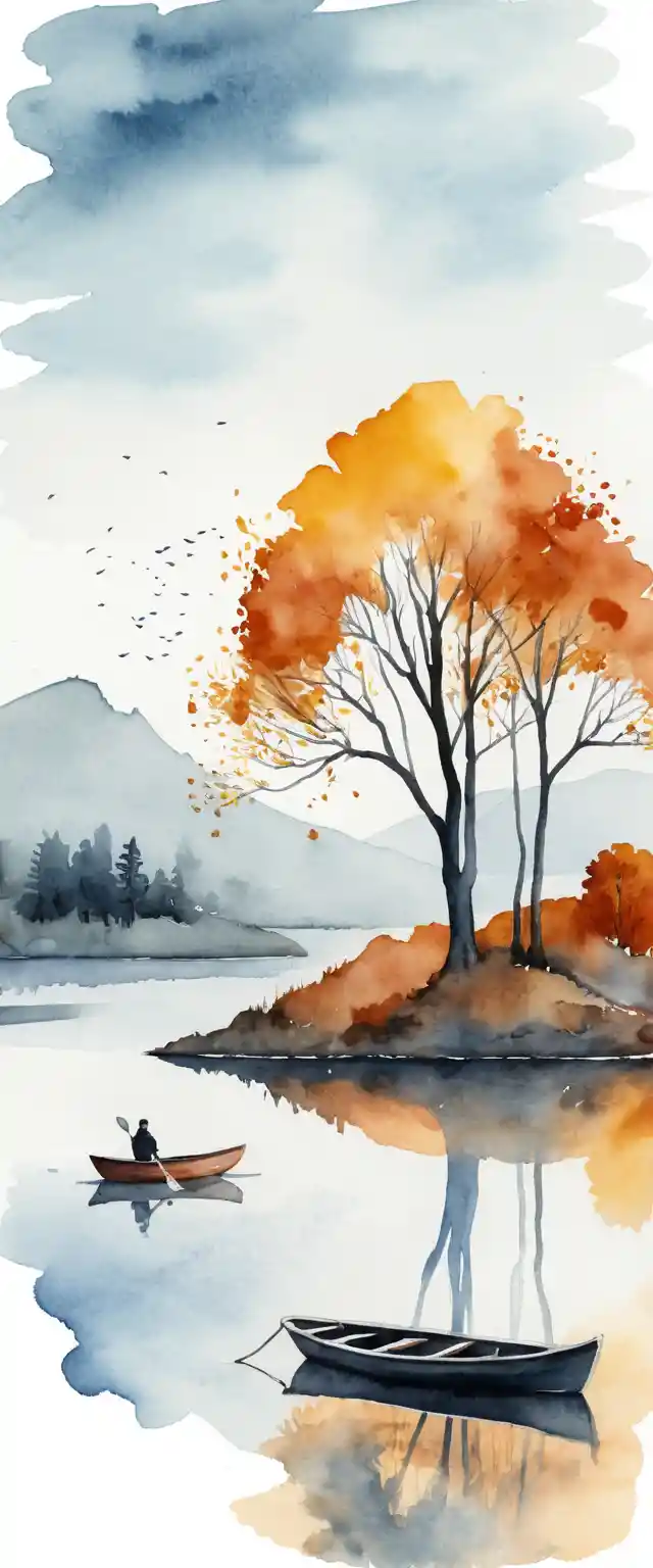 Lago minimalista em aquarela com pequena ilha e árvore de outono
