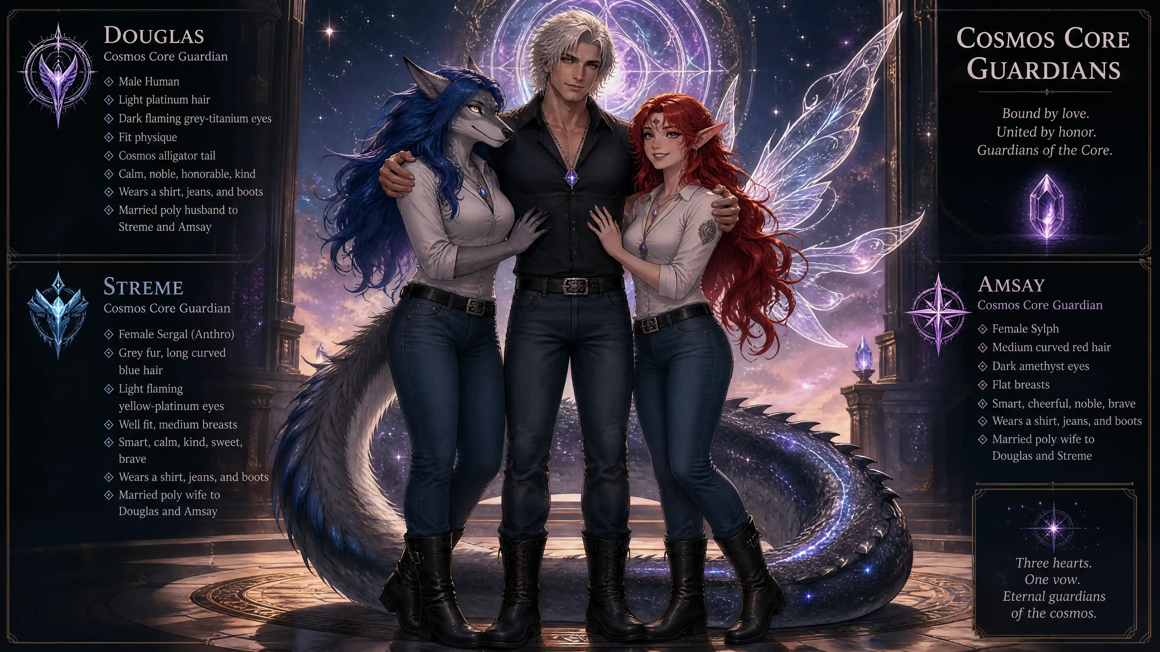 Cosmic guardians with human and anthro forms in casual clothes