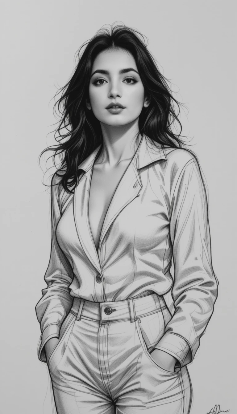 Elegant woman in a white outfit pencil sketch portrait
