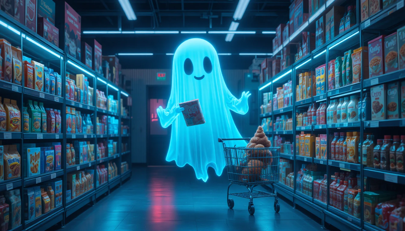 Fantasma Brincalhão Fazendo Compras em Corredor de Supermercado Iluminado por Neon