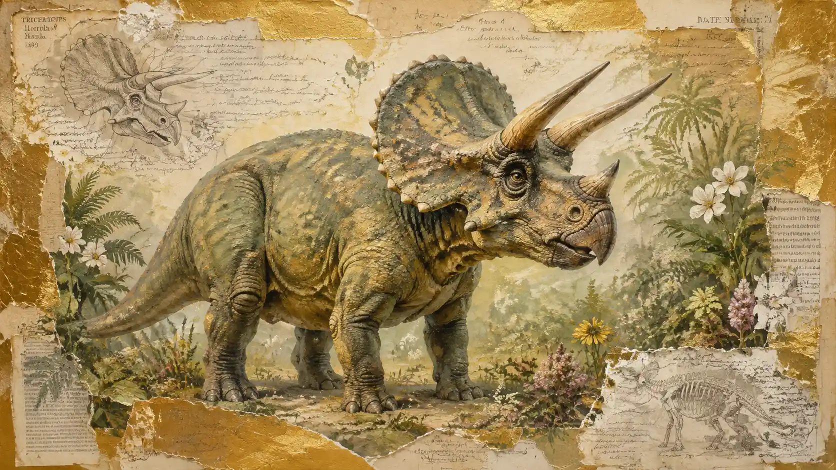 Triceratops in üppiger Natur mit goldenen und Vintage-Noten