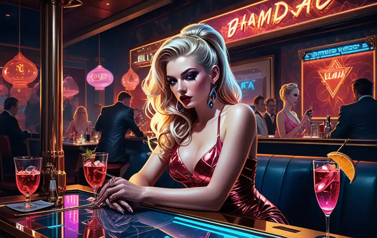 Blonde Woman Celebrating Birthday In Neon Nightclub Lounge