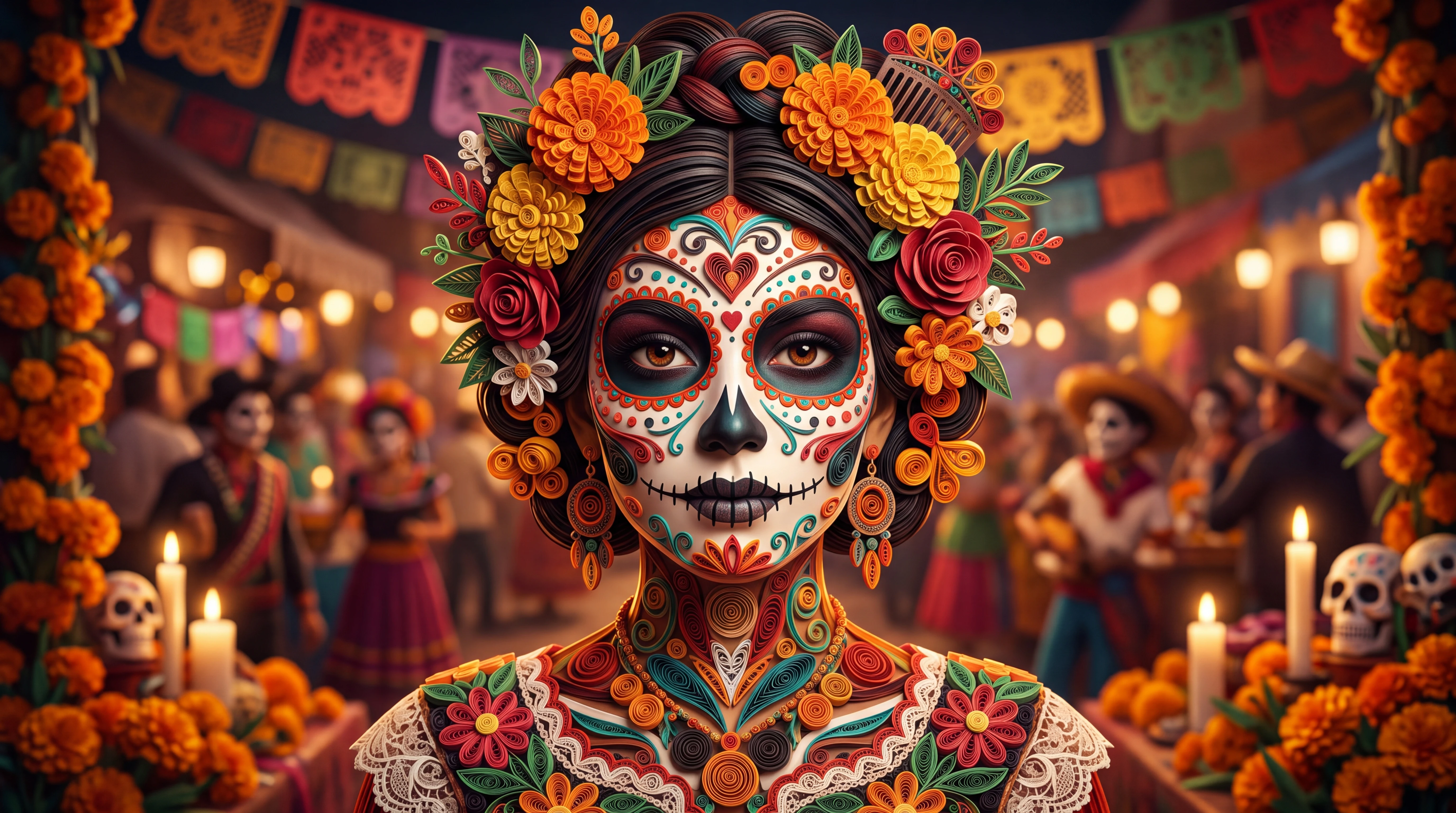Primo piano cinematografico di una ragazza messicana per il Día de los Muertos